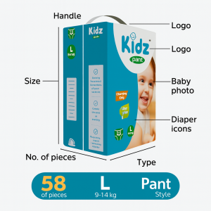 Kidz Pant System Baby Diaper (L Size) (9-14 kg) (58 Pcs)