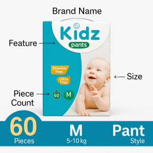 Kidz Pant System Baby Diaper (M Size) (5-10 kg) (60 Pcs)
